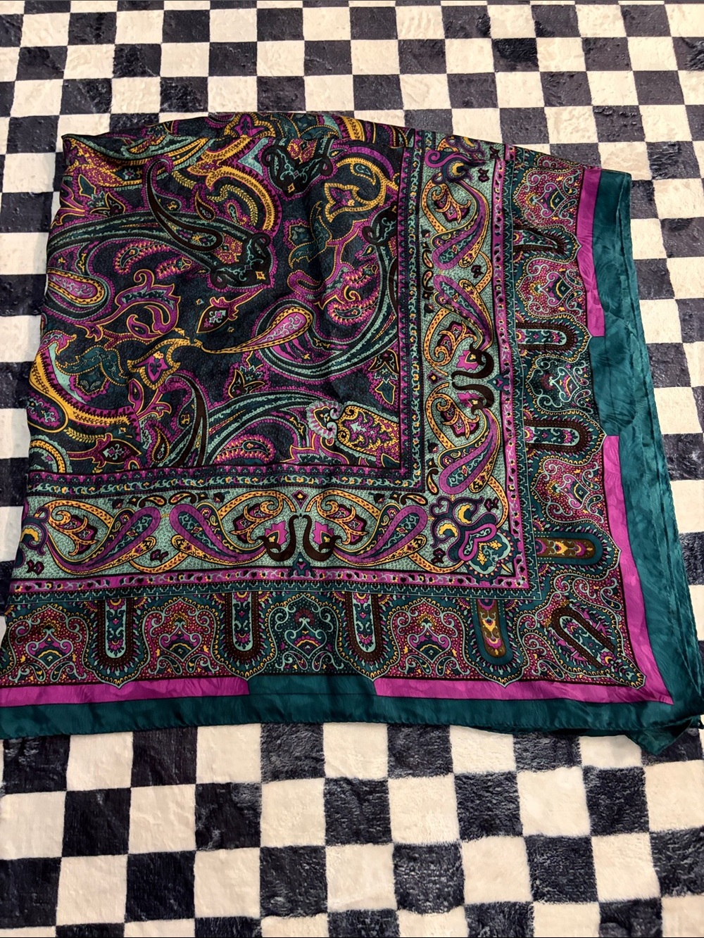 Vintage Paisley Square Scarf in Teal, Purple, and Gold